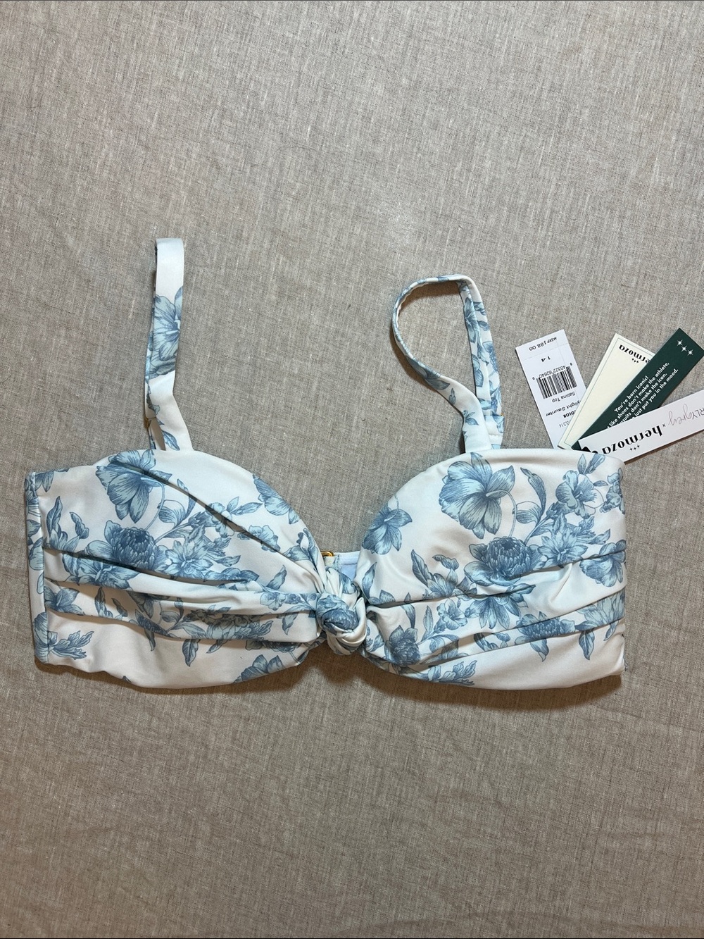Hermoza Sabina Bandeau Bra with Blue Floral Print and Front Knot. Size 14. NWT.